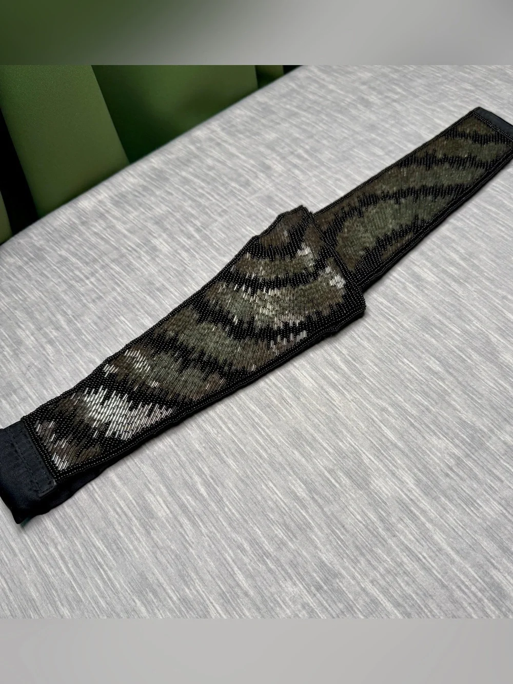 Lindsey Blake Wide Beaded Cummerbund Sash Belt Black Silver Vintage 80s